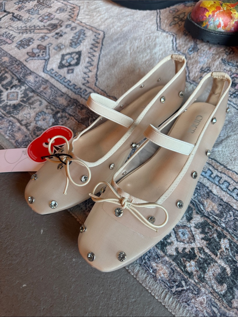 Cider Beige Studded Mary Jane Flats with Bow
